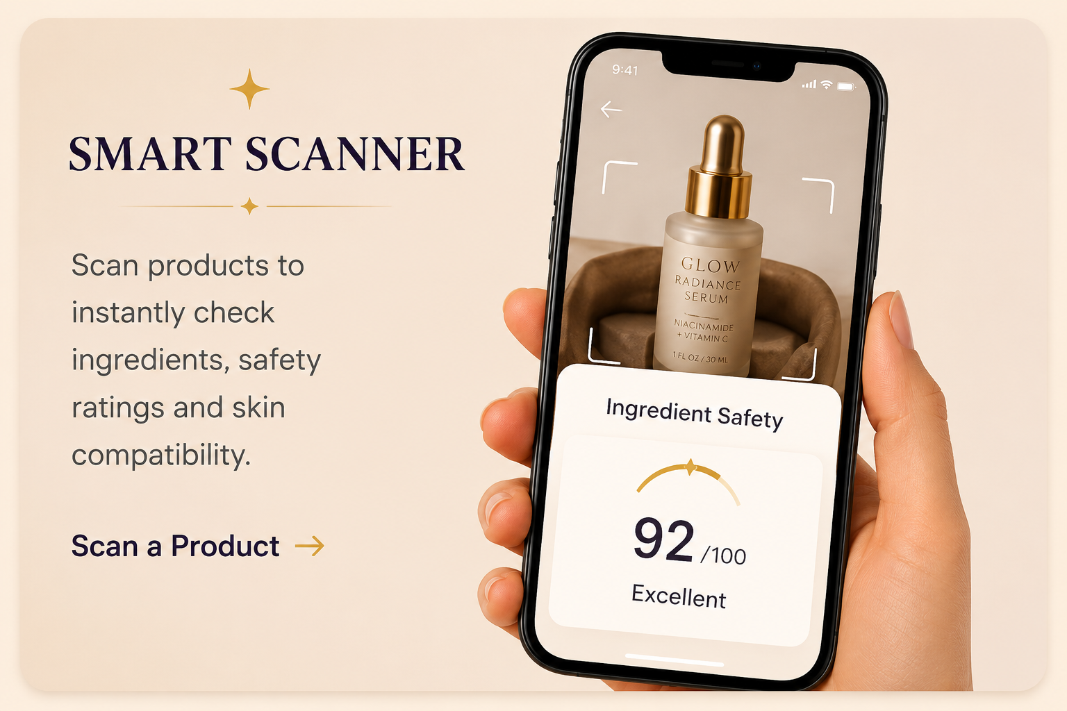 Smart Scanner — scan products to check ingredients and safety. Ingredient Safety 92/100 Excellent.