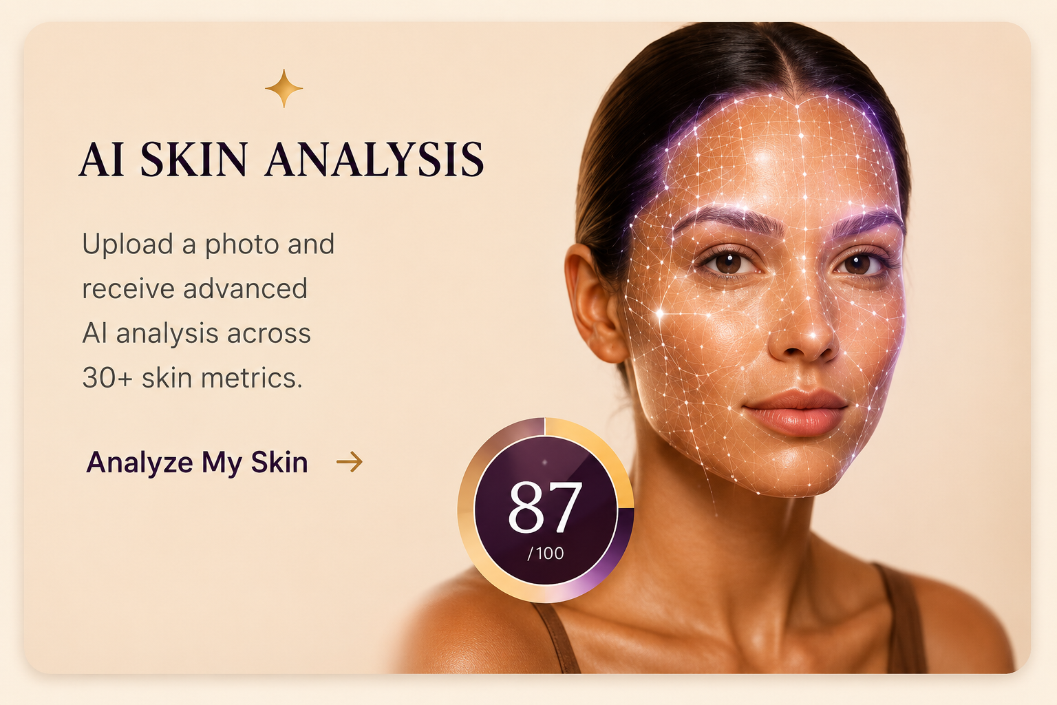 AI Skin Analysis — upload a photo for AI analysis across 30+ skin metrics. Score 87/100.