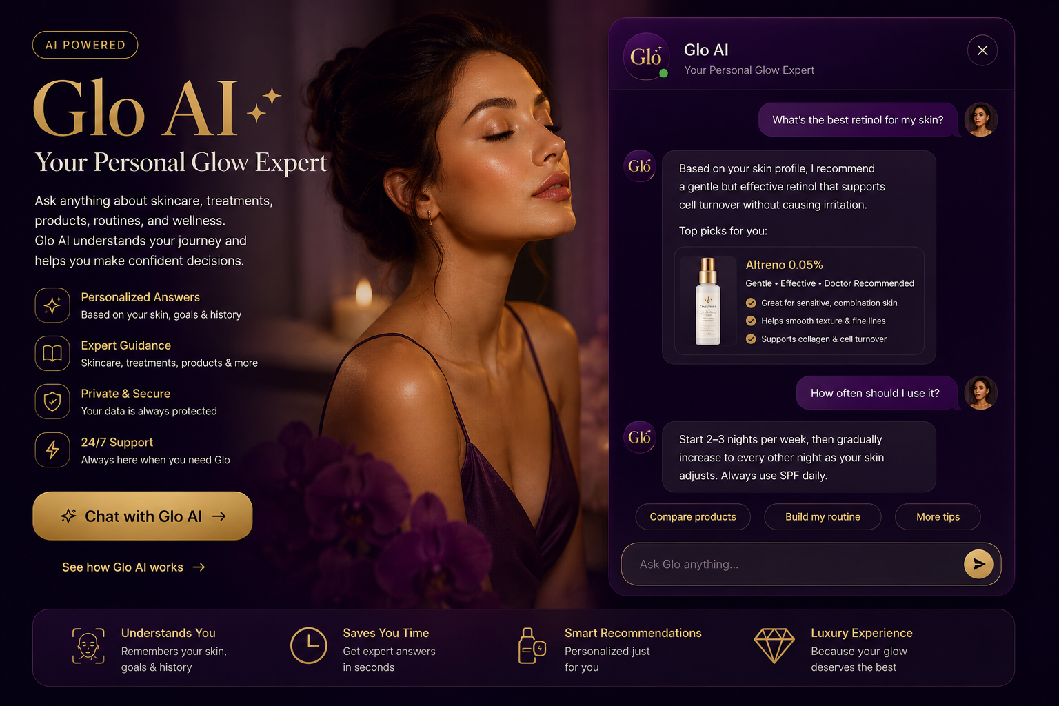 Glo AI — Your Personal Glow Expert. Ask anything about skincare, treatments, products, routines and wellness. Sample chat: What's the best retinol for my skin?