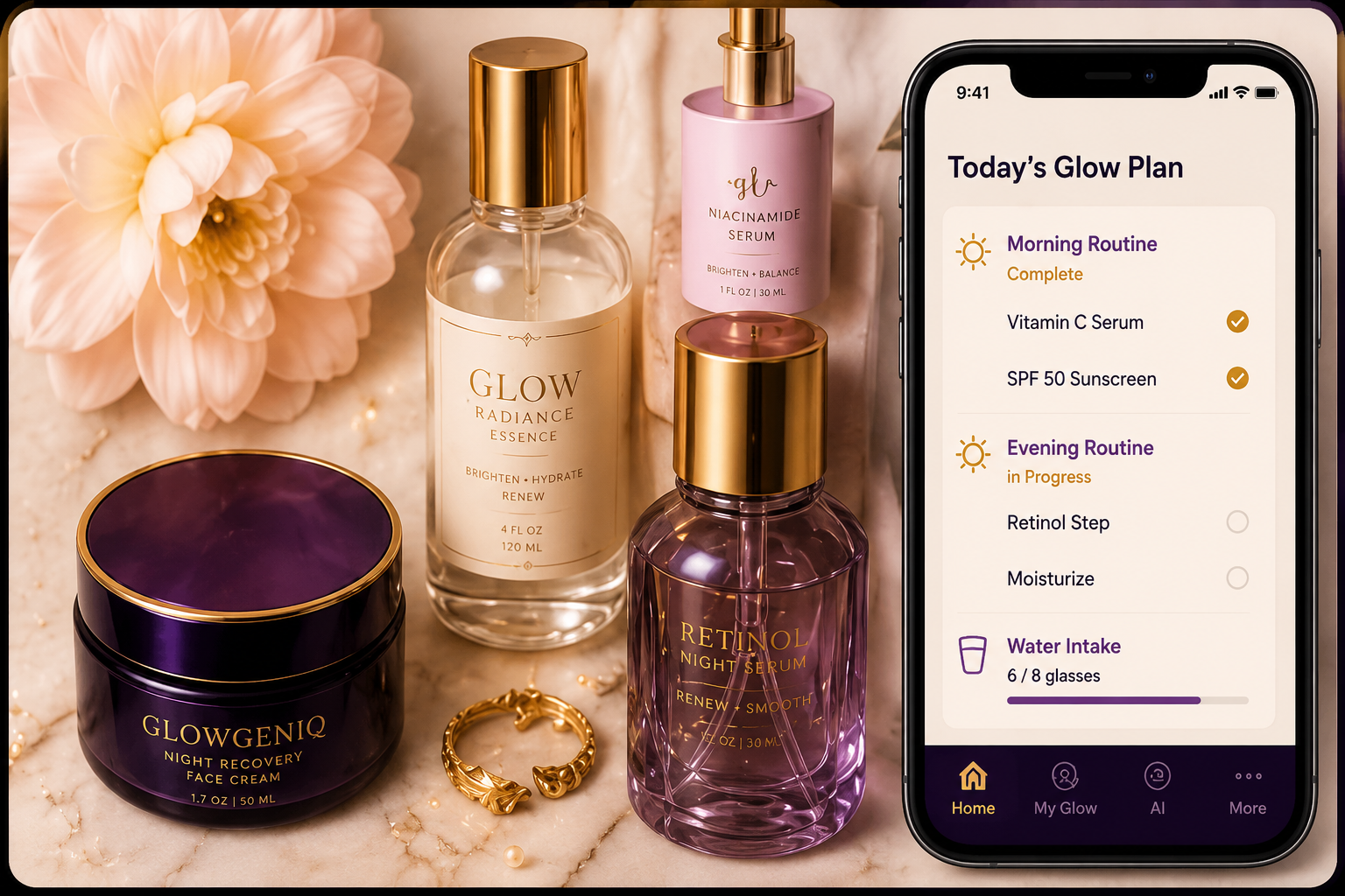 Luxury skincare products beside a phone showing Today's Glow Plan