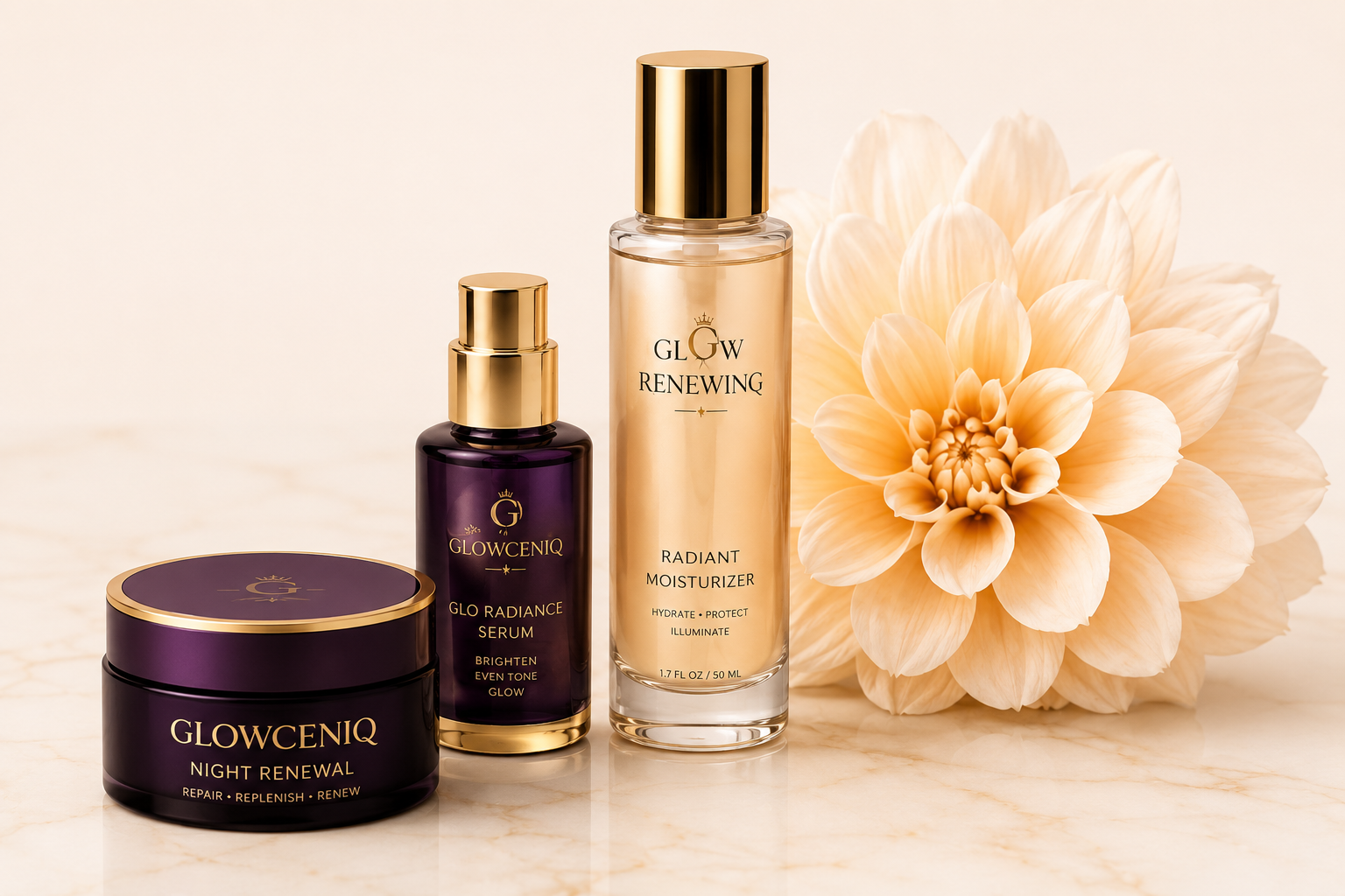 GlowCeniQ Night Renewal, Glo Radiance Serum, and Glow Renewing Radiant Moisturizer beside a dahlia flower
